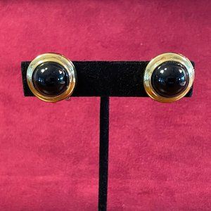 Black Button Stone & Gold Tone Clip Earring - Like New